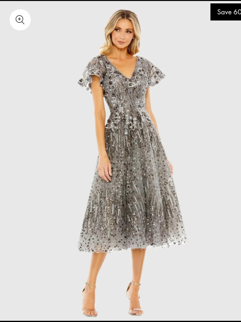 Mac Duggal Silver Sequin Tea-Length V-Neck Dress